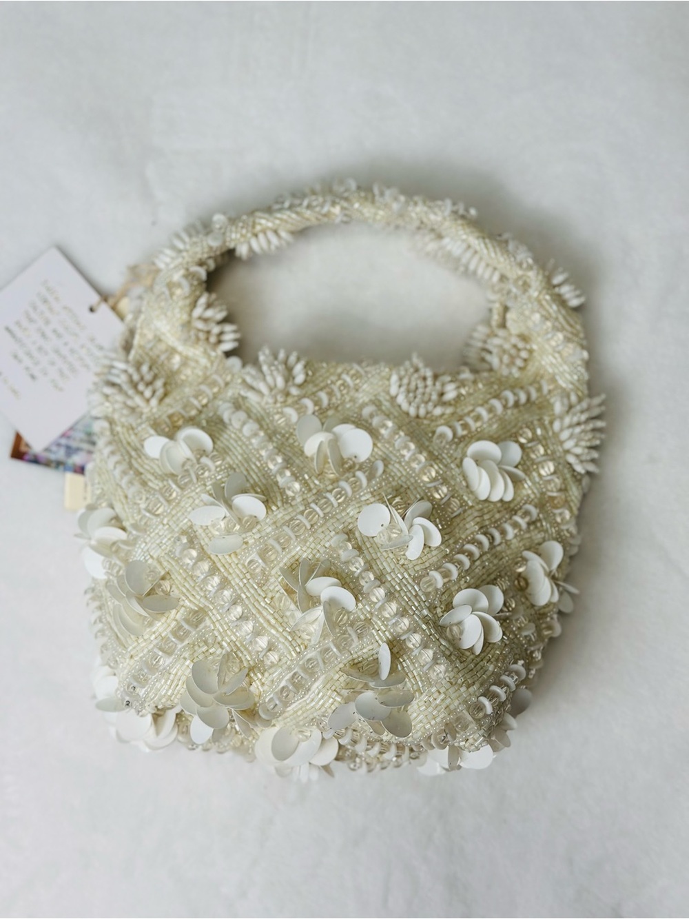 Viral Beaded Ivory Floral Sequin Bucket Handbag